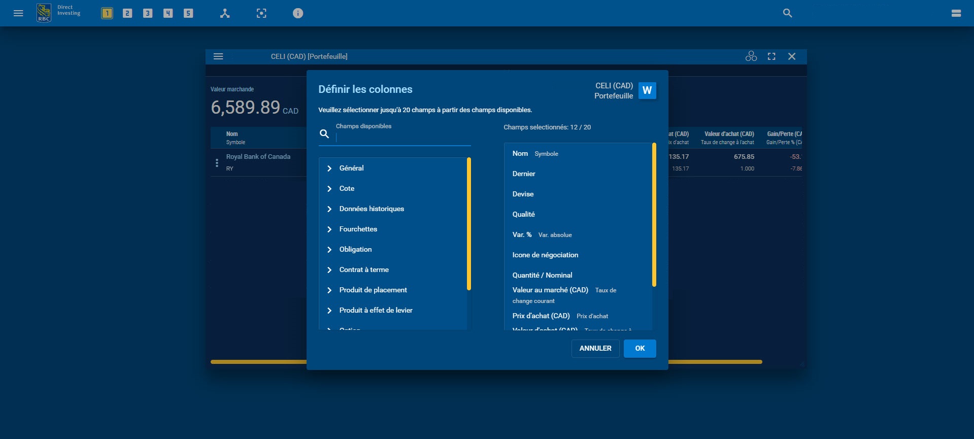 Comment ajouter et supprimer des colonnes dans le widget portefeuille